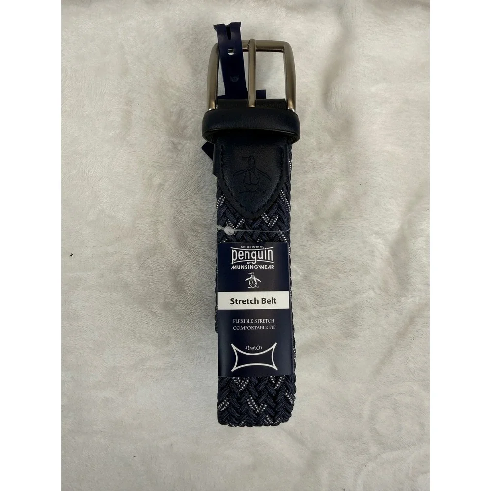 Original Penguin Mens Stretch Belt Navy Blue Woven Braided Chevron Small 30-32
